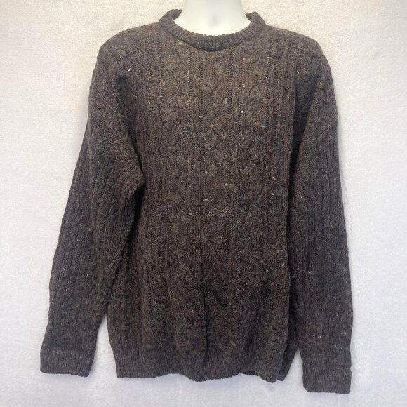 Vintage 90s Fisherman Knit Wool Blend Sweater Mens XL Brown Donegal Flecks Cable - Picture 1 of 15